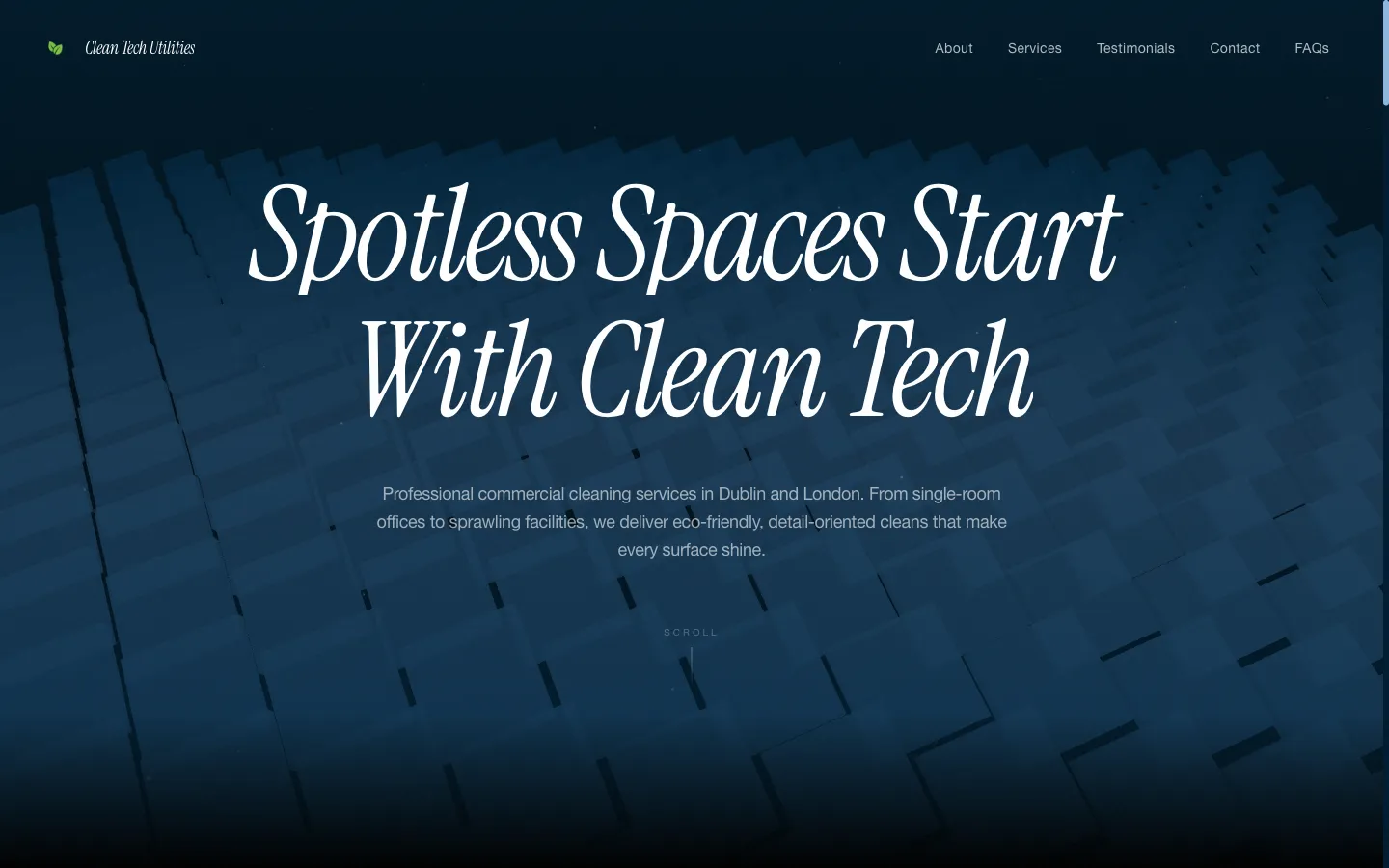 Homepage of Clean Tech Utilities with the headline Spotless Spaces Start With Clean Tech.