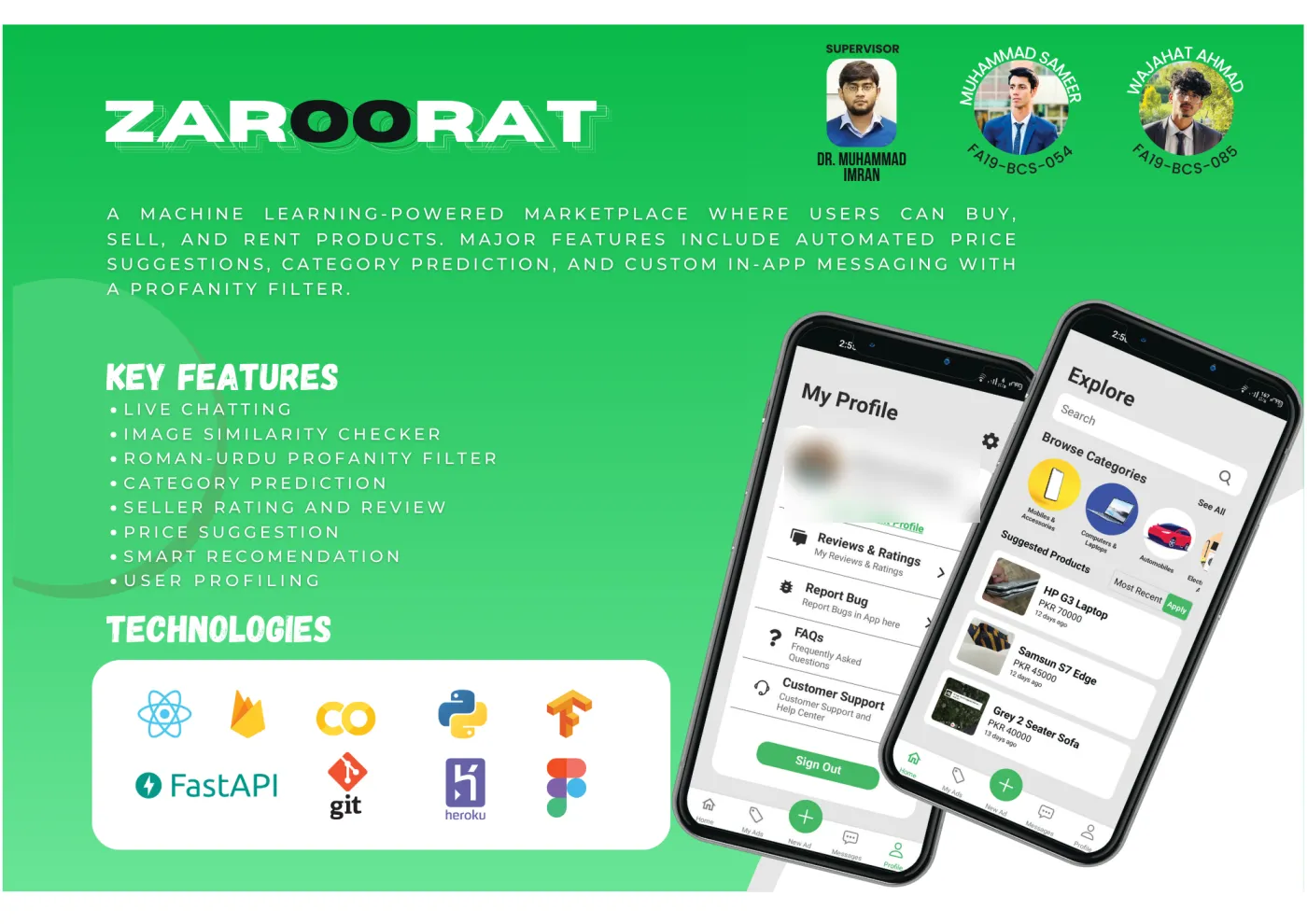 ZAROORAT project poster with the explore and profile screens of the app.